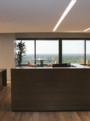 Wandpaneel in Holzoptik, Eiche Braun, installiert als Tresenverkleidung in Empfangsbereich