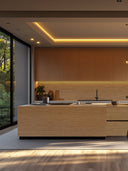 Wandpaneel in Holzoptik, Eiche Natur, verwendet als Verkleidung einer Kücheninsel