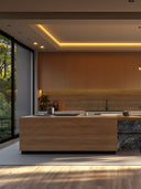 Wandpaneel in Holzoptik, Nussbaum, verwendet als Verkleidung einer Kücheninsel