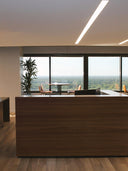 Wandpaneel in Holzoptik, Walnuss, installiert als Tresenverkleidung in Empfangsbereich