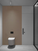 Wandpaneel in Lederoptik, Braun, montiert hinter einer Toilette im Bad