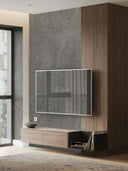 Wandpaneel in Steinoptik, Beton Grau, installiert hinter Fernseher